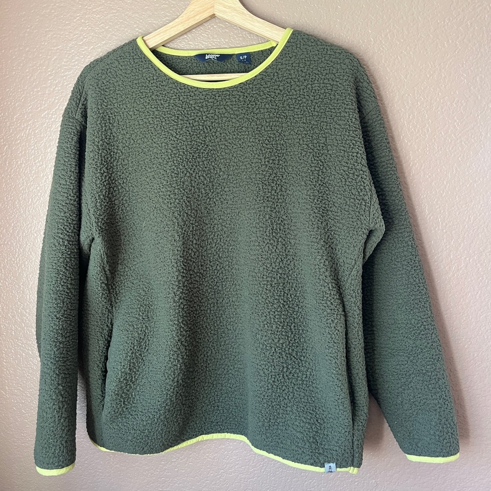 Lands' End Olive Green Fleece Crewneck with Neon Trim